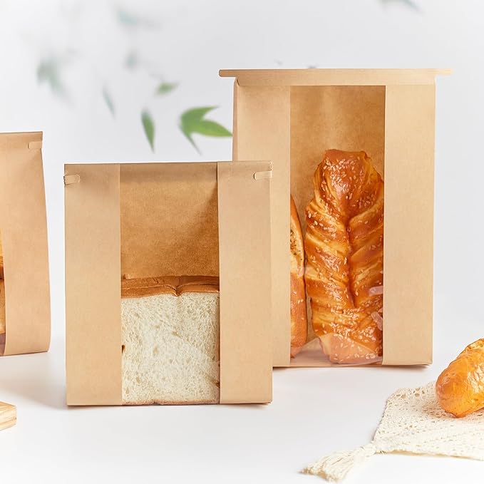 50 PCS Large Paper Bread Bags for Sourdough Bread, 13.7 x 8.2 x 3.5 Inches Bakery Bags with Window, Homemade Bread Loaf Bags with Tin Tie Tab Lock