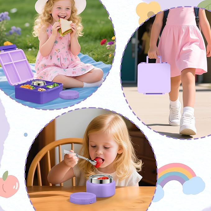 Aimsnk Bento Lunch Box for Kids with 9oz Soup Thermo Leak-Proof Lunch Food Container with 5 Compartment Thermo Hot Food Jar and Insulated Lunch Bag for Kid Toddler Girls Boys to School(Purple)