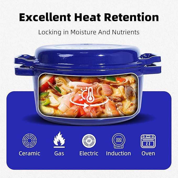 2-in-1 Enameled Cast Iron Braiser Pan with Grill Lid - 5-Quart Small Dutch Oven, Non-Stick Cookware Multi Cooker for Bread Baking Cooking Stewing, Suit for All Cooktops, Dual Handles & Oven Safe, Blue