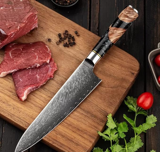Epicurean Cook 8-Piece Damascus Knife Set with Japanese VG10 Steel Core - Ultra Sharp Kitchen Knives with 67 Layers of Damascus Steel - Burl Wood Black Resin Handles