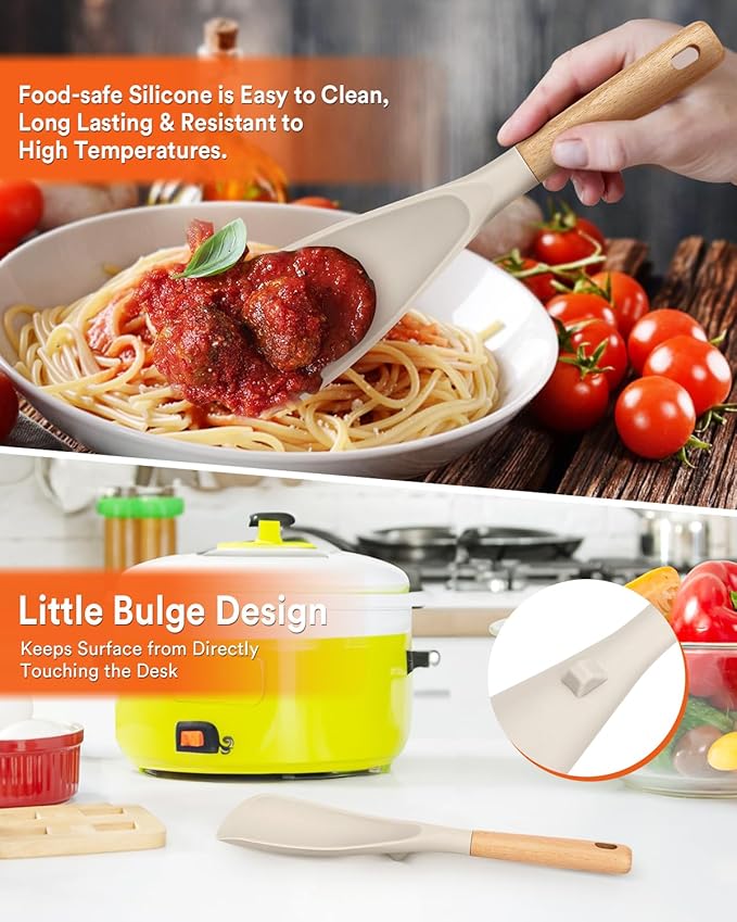 Cooking Spoon and Rice Scooper for Nonstick Cookwares, Great for Cooking and Serving Sturdy BPA-Free Matte Silicone, Wood Handle Spoon for Mixing, Scoop, and Scrape (KHAKI)