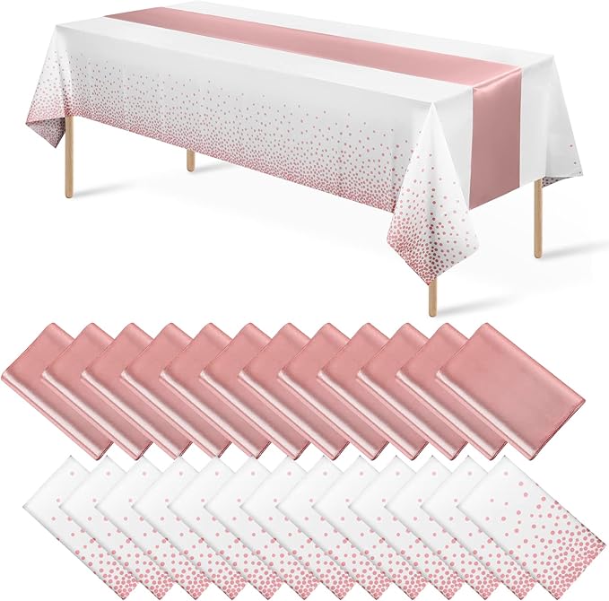 MASHAN 24 Pack White and Rose Gold Tablecloth Set - Rectangular PEVA Tablecloths and Satin Table Runners for Wedding, Baby Shower, Anniversary, Christmas, New Year Party