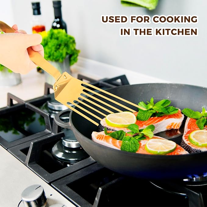 Snailhouse Slotted Spatula, Stainless Steel Metal High Heat Cooking Fish Turner Spatula for Kitchen Use Flipping, Turning, Frying, Gold