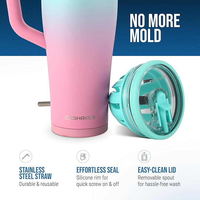 Ice Shaker 40 oz Tumbler with Handle and Straw | 40oz Pink Mint | Cold for 30+ Hours | 2-in-1 Tumbler Shaker Bottle | Odor-Free 40 ounce Bottle for Water, Protein Shakes, Smoothies, Cocktails