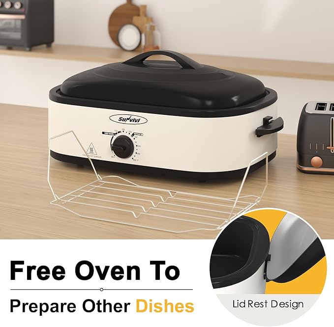 Sunvivi 14-Quart Roaster Oven with Self-Basting Lid, Electric Turkey Roaster Oven with Removable Pan and Rack, Stainless Steel, White