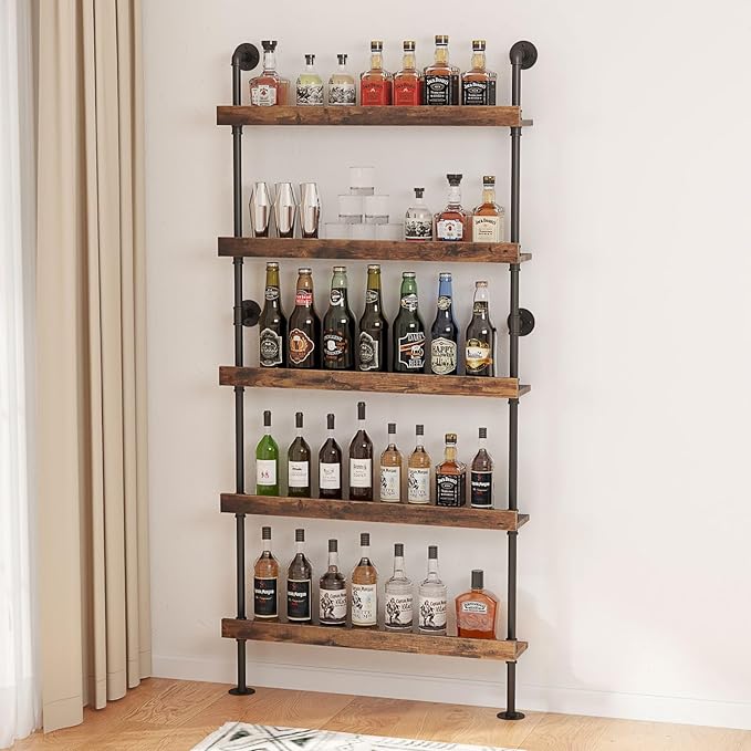 Floating Bar Shelves, 5-Tier Wood Wall Mounted Wine Rack with LED, Liquor Bottle Shelf Display for Home Bar, Kitchen, Restaurant(40" W x 79" H x 8.6" D)