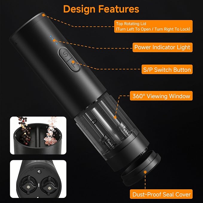 Electric Salt and Pepper Grinder Shakers 2 IN 1-Rechargeable Automatic Pepper Mill,with LED Lighting,Adjustable Grinder,Large Capacity-Ideal for Kitchen (Black)