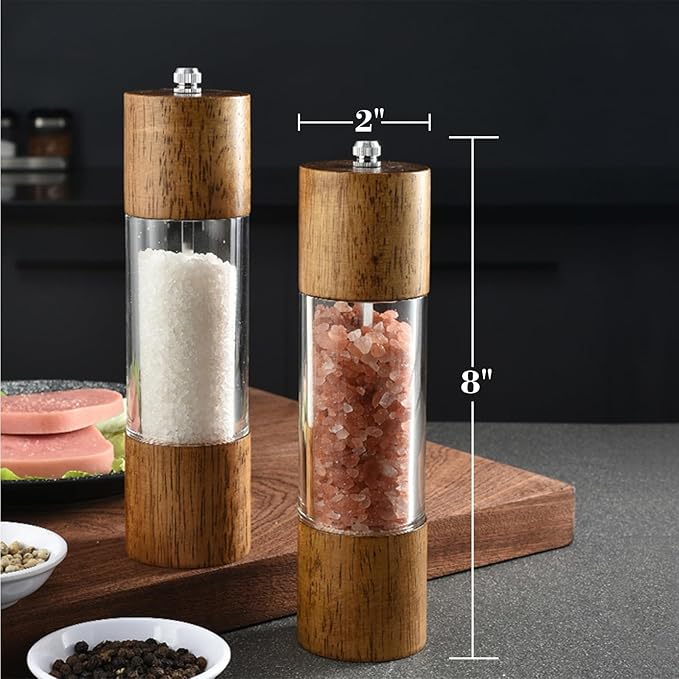 Advanced Acrylic Salt and Pepper Grinder, Wooden Pepper Grinder, Durable Ceramic Grinder with Adjustable Thickness for Grinding