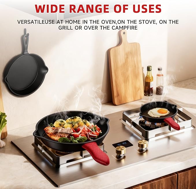 3 piece set, cookware set 6, 8, 10 Inches, for frying, saute, cooking, pizza & more, easy use in the oven, stove, grill, or campfire, black, with silicone heat-resistant cover