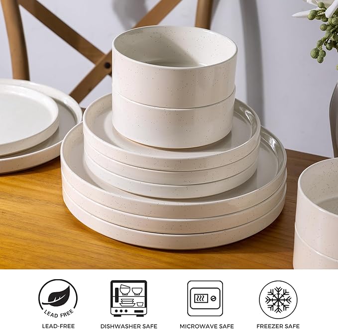 AmorArc Ceramic Dinnerware Set for 4 | Speckled Stoneware Plates and Bowls with unglazed terracotta | Scratch Resistant, Dishwasher & Microwave Safe Modern Dishes Sets- 12-Pcs Beige