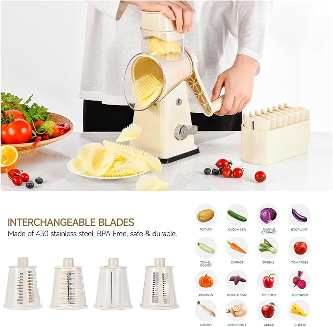 Xilrvna RotaryCheese Grater,VegetableShredder 5 in 1 Cheese Grater with HandleedderReinforcedSuction,EasytoClean,KitchenChopperforCrushedIce,Fruits and Nuts with Blade Storage Case竊늋hite