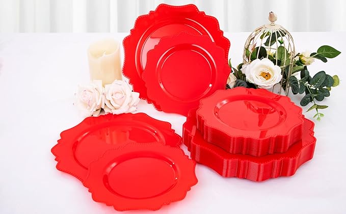 COLOSUS Disposable Plastic Plates 60Pcs, Christmas Red Plastic Party Plates, Heavy Duty 30 Dinner plate 10.5??and 30 Salad/Dessert Plate 8.25??for Christmas party dinner