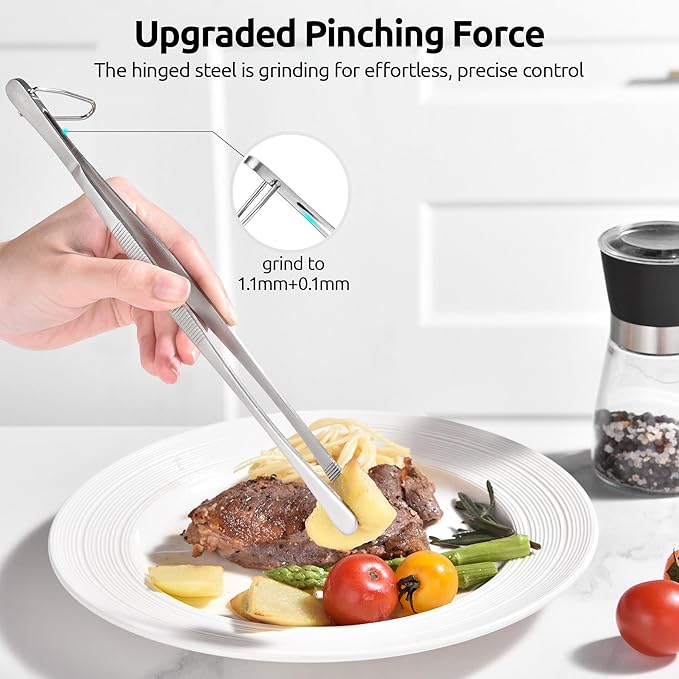 U-Taste 10in Kitchen Cooking Tweezer: 18/8 Stainless Steel Food-Grade Metal Food Tong, Seamless-Welding, Sturdy, Flexible and Non-Slip for Pasta Salad Serving, Grilling, Frying, Baking (Round Tip)