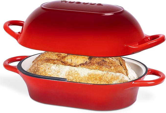 Dutch Oven For Sourdough Bread Baking ??Enamelled Cast Iron Bread Loaf Pot ??Oven Safe Non Stick Bread Pot ??Rectangular, Red, 24cm x 16cm ??by Nuovva