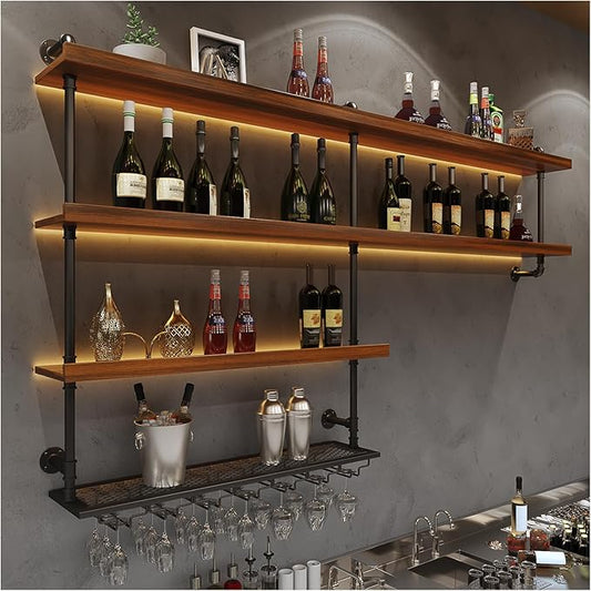 Solid Wood Wall Mounted Wine Rack, Large Wine Rack with LED Light, 4 Tiers Liquor Bottles Floating Shelves with Glass Holder, Industrial Bar Shelves for Home Bar Dining Room (51.2 IN/ 130CM)