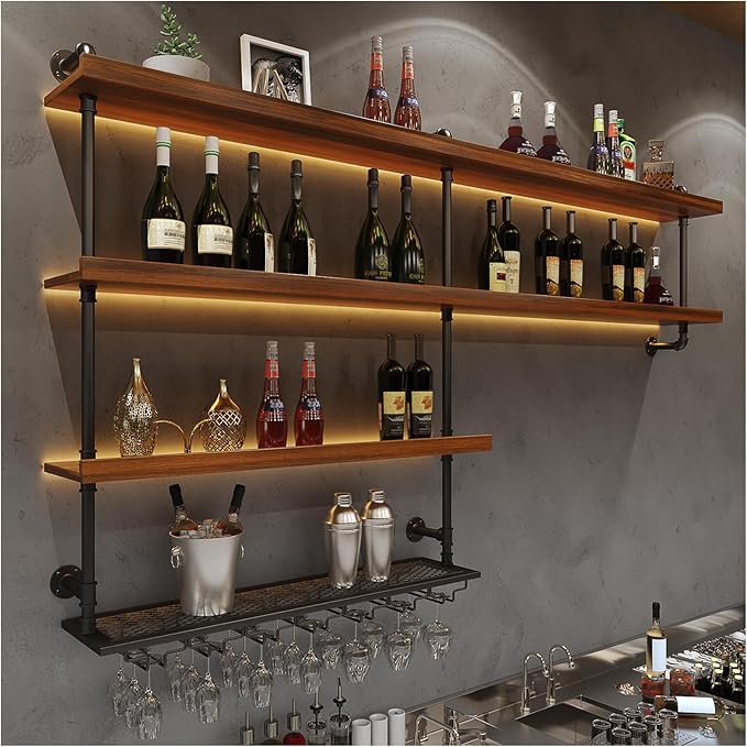 Solid Wood Wall Mounted Wine Rack, Large Wine Rack with LED Light, 4 Tiers Liquor Bottles Floating Shelves with Glass Holder, Industrial Bar Shelves for Home Bar Dining Room (59.1 IN/ 150CM)