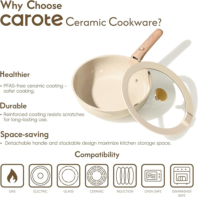 CAROTE 25PCS Ceramic Cookware Set, Pots and Pans set Non Stick, RV Kitchen Cooking Set Removable Handles, Oven Safe, Induction Cookware, Non-toxic Kitchen Cooking Set, PFAS and PFOA Free