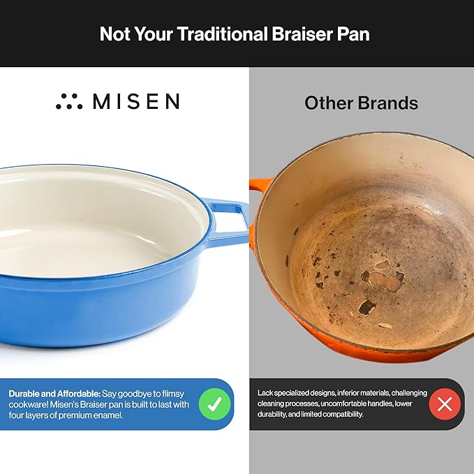 Misen 5.5 QT Braiser ??Enameled Cast Iron Pan for Searing, Braising & Slow Cooking ??No-Chip Enamel Coating ??Extra-Wide Handles ??Superior Heat Retention & Even Cooking - Blue
