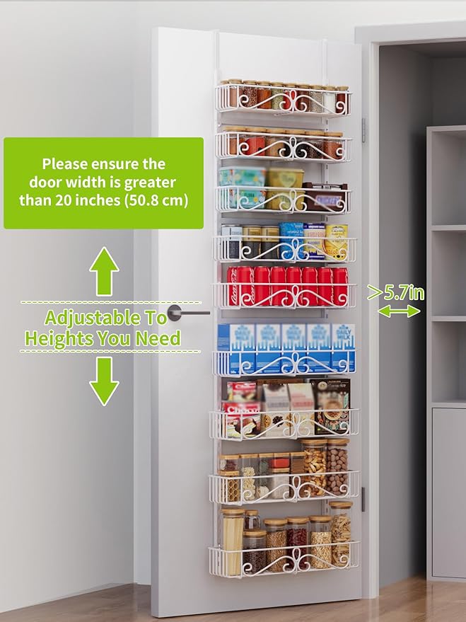 Over the Door Pantry Organizer, 9-Tier Pantry Organization and Storage for Kitchen, Metal Hanging Spice Rack Shelves Door for Home & Kitchen, Laundry Room Bathroom, White