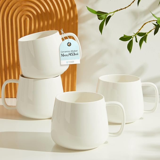 Teocera 16oz Ceramic Coffee Mugs Set of 4 ??Stackable Latte Cups, Microwave, Dishwasher & Oven Safe ??Ideal for Coffee, Cappuccino, Hot Chocolate, Housewarming Gifts竊똚hite