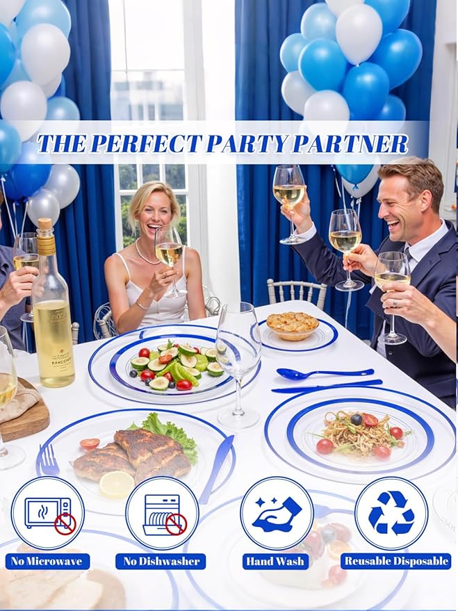 WDF 12 Inch Disposable Charger Plates - 25Pack Plastic Clear and Blue Charge Plates Perfect for Dinner/Wedding/Party/Elegant Tabletop Decor
