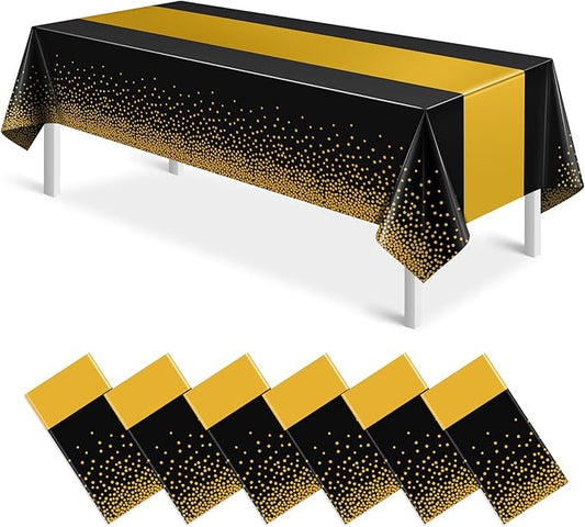 6Pcs Black and Gold Tablecloth Party Decorations,Plastic Black Table Cloth Printed Gold Table Runner Disposable Rectangle Table Cover for Birthday Retirement Anniversary Graduation Party,54 x108 Inch