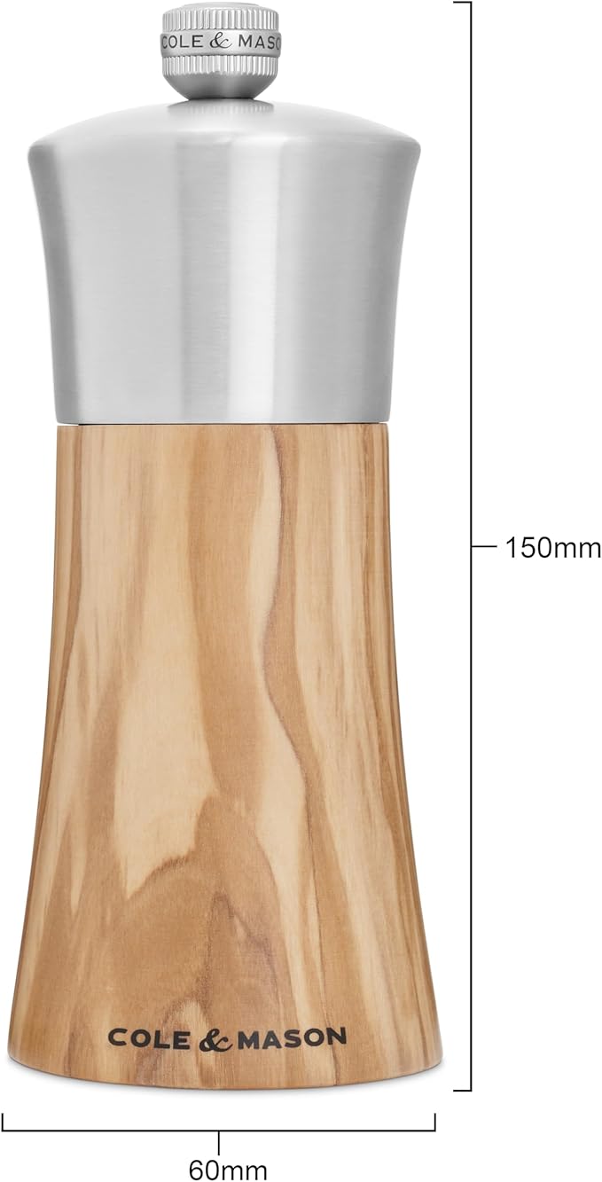 Cole & Mason Bromley Pepper Mill, 6" - Pepper Grinder with Ultra-Sharp Grinding Mechanism - Flavor-Enhancing Pepper Shaker - Refillable Mill with Adjustable Grinding - Olive Wood, Pepper Mill