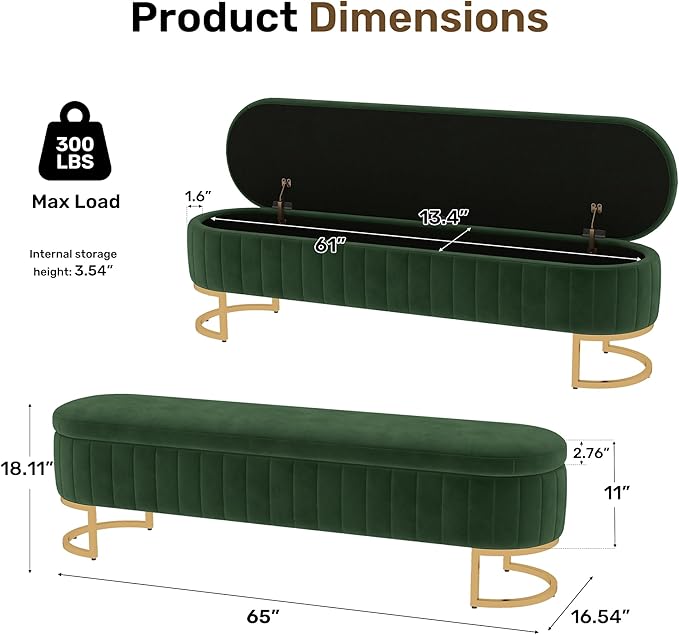 VIROL 65 Inch Storage Ottoman Bench Velvet End of Bed Storage Bench King Size Upholstered Tufted Bench Large Space for Bedroom Living Room Entryway Green