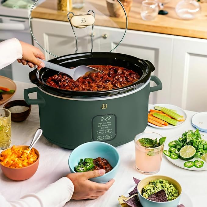 Beautiful 6 Quart Programmable Slow Cooker by Drew Barrymore ??Large Capacity, Ceramic Removable Pot, Tempered Glass Lid, Dishwasher Safe, Auto Keep Warm (Thyme Green)