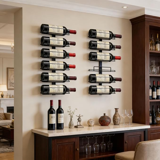 Modern Wall Mounted Wine Rack, Black Metal 12-Wine Bottle Holder for Wall Storage Display, Vertical Space Saving Design for Home Bar, Kitchen, Restaurant