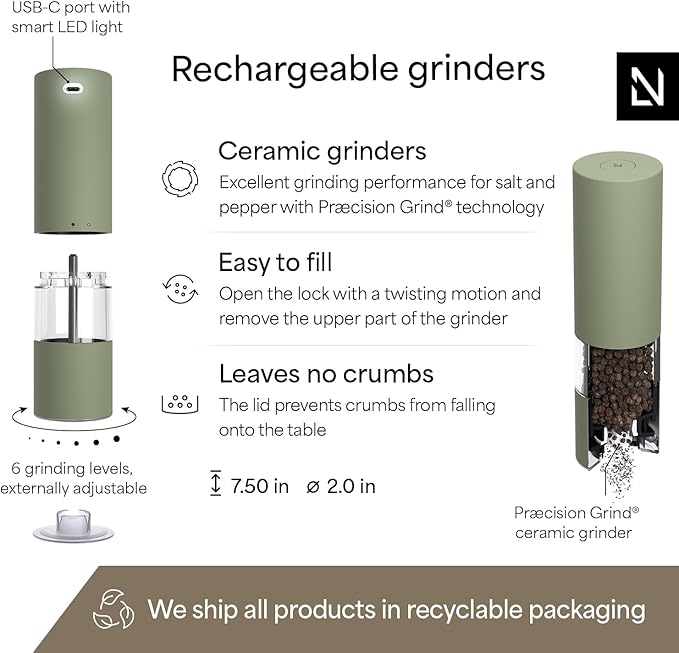 LARS NYS횠M Electric Salt and Pepper Grinder Set I Automatic Salt and Pepper Mills with Adjustable Ceramic Grinder I USB Rechargeable Electric Spice Mill Set with LED Light (Sage Green)