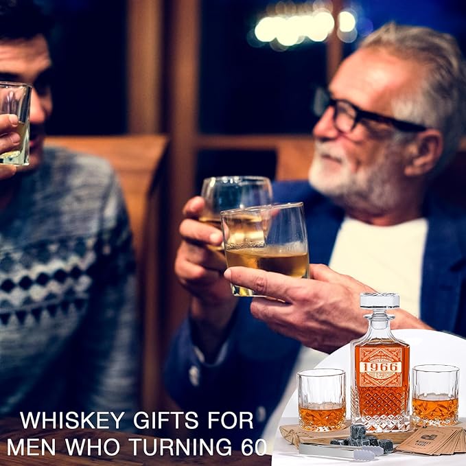 PONPUR 1966 60th Birthday Gifts For Men Dad, 1966 Laser Whiskey Decanter Set with Gift Box, Anniversary Bday Gift Ideas for Him Husband, 60 Years Decorations, Whiskey Glasses & Whisky Stones Inc.
