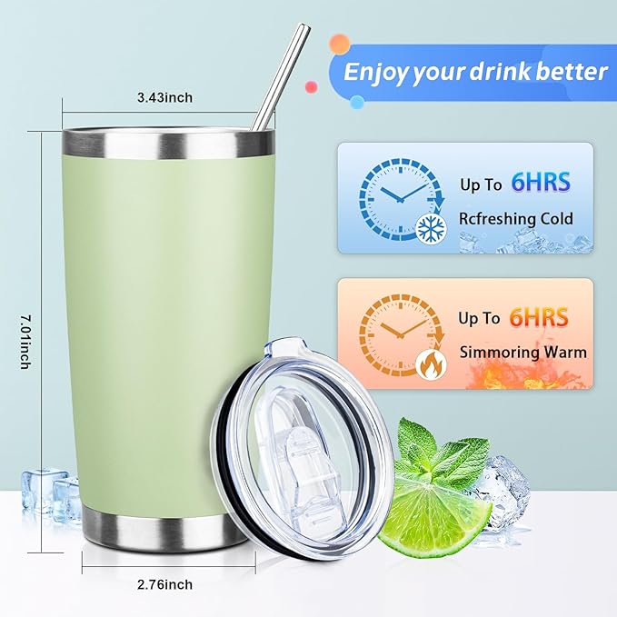 ATIKZHE 20oz Tumbler with Straw and Brush, Stainless Steel Vacuum Insulated tumbler, Double Wall Insulated Coffee Tumbler for Outdoor, Home, Travel,Office (20 cup-Matcha Green,4pcs)