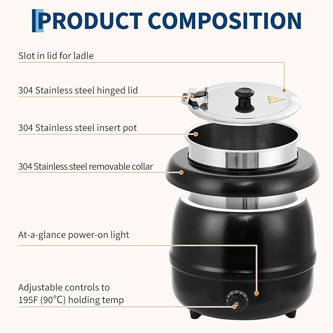 GarveeHome Soup Warmer, 13.7 Quarts Commercial Grade Soup Kettle with Hinged Lid and Detachable Stainless Steel Insert Pot, Food Warmer with Anti-Scald Handle for Restaurants, Buffet, Catering