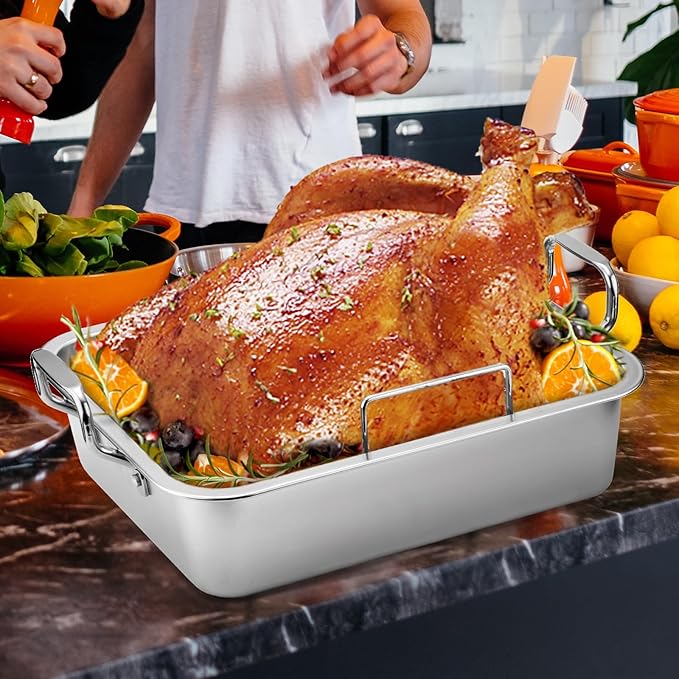 Roasting Pan with Cooling Rack - Stainless Steel Large Turkey Roaster Pan for Turkey, Chicken, Ham Roaster with V-Shaped Baking Rack Heavy Duty Dishwasher Safe