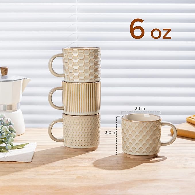 GBhome 6OZ Stackable Coffee Mugs, Ceramic Coffee Mugs with Texture Patterns for Man,Woman,Dad,Mom, Modern Coffee Cups Set of 4 for Espresso/Cappuccino. Dishwasher&Microwave Safe
