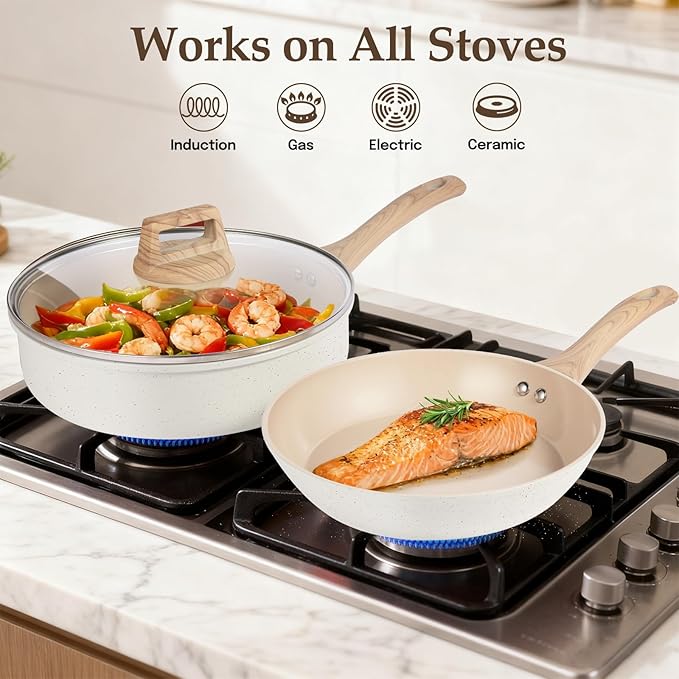Pots and Pans Set Non Stick, 11 Pcs Ceramic Cookware Set, Nonstick Induction Cookware, Non-toxic Kitchen Cooking Set with Frying Pan Set, Cream