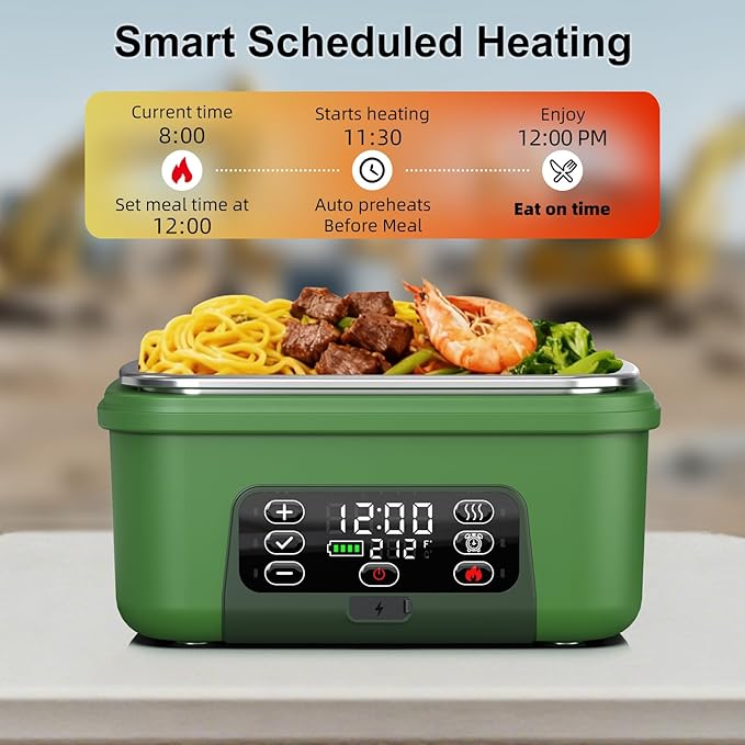 Cordless Electric Heated Lunch Box, 1.5L 6.3Cups 20000mAh Rechargeable Food Warmer Lunch Box with Self Heating, Smart Timer, Adjustable Temperature, Leakproof, BPA Free, Removable Tray Divider