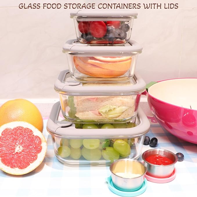 Glass Food Storage Containers with Silicone Glass Lids, 304 Stainless Steel Salad Dressing Containers, Microwave-safe LeakProof Food Containers Set, 100% Plastic Free-4-pack（Grey）