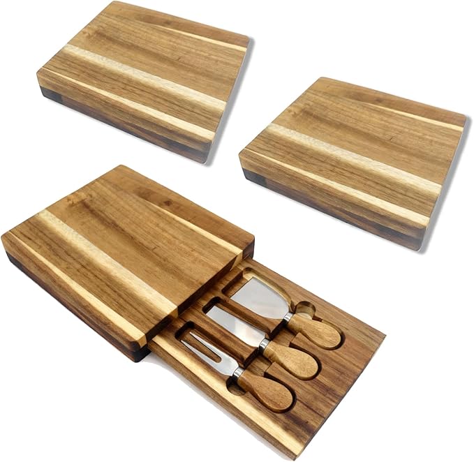 Garvee 3 Pack Cheese Board Set 9 x 7.9 in Cutting Board and Knife Set, Acacia Wood Charcuterie Board Sets, House Warming Gifts, New Home, Wedding Gifts