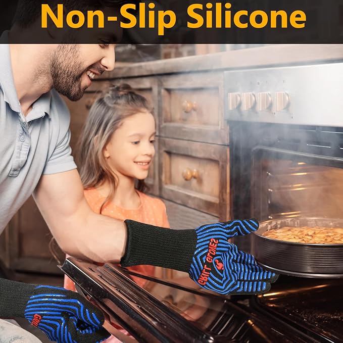 QUWIN BBQ Gloves, Oven Gloves 1472??Extreme Heat Resistant, Grilling Gloves Silicone Non-Slip Oven Mitts, Kitchen Gloves for BBQ, Grilling, Cooking, Baking-1 Pair??(Black Blue, One SizeLong Cuff