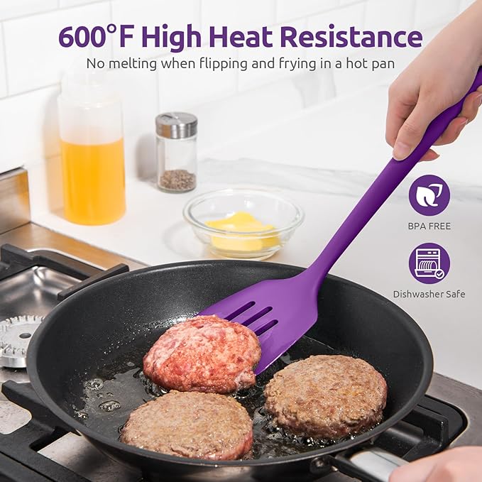 600쨘F Heat Resistant Slotted Turner: U-Taste 13.6in Silicone Kitchen Spatula Flipper, 3.74in Wide Food Grade Flexible Thin Rubber Cooking Utensil for Egg, Pancake, Cookie in Nonstick Cookware (Purple)