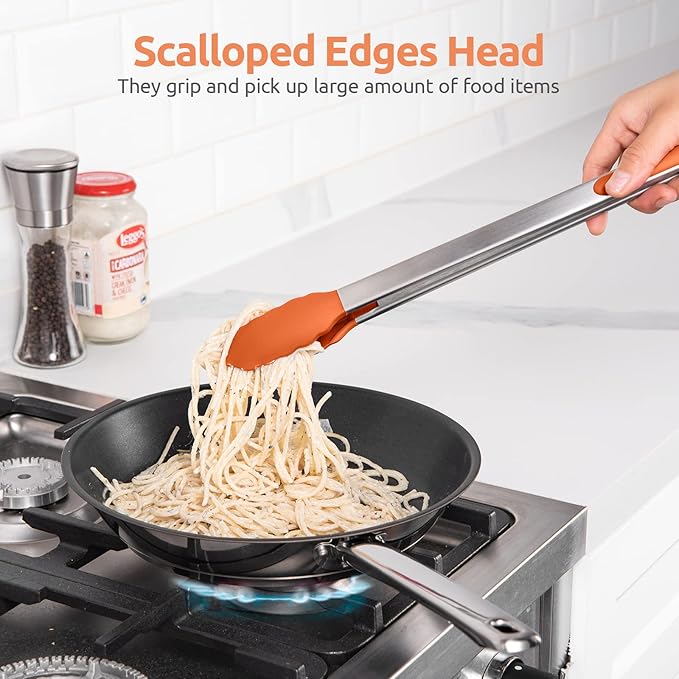 600쨘F Heat Resistant Kitchen Tongs: U-Taste 16 inch Extra Long Large Silicone Cooking Tong with Sturdy Non Stick Rubber Tips & Non Slip Silicon Coated 18/8 Stainless Steel Handle for Grill BBQ(Orange)