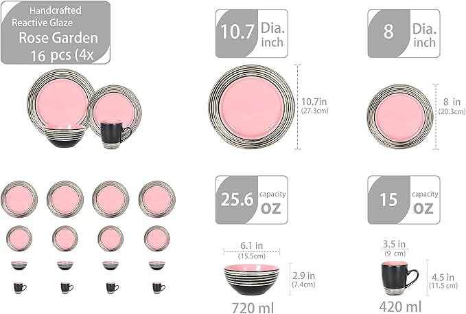 16 Piece Dinnerware Set, Ceramic Plates and Bowls Sets for 4, Microwave and Dishwasher Safe, Handcrafted Tree Bark Series Dish Set, Rose/Pink
