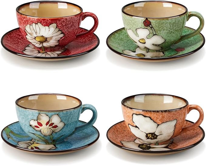 Cappuccino Cups with Saucers Set of 4 ??8oz Ceramic Coffee Cups, Latte Espresso Mugs with Floral Design, Colorful Coffee Cup Set for Cappuccino, Latte, Mocha (4 colors)