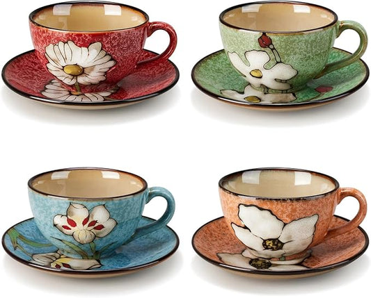 Cappuccino Cups with Saucers Set of 4 ??8oz Ceramic Coffee Cups, Latte Espresso Mugs with Floral Design, Colorful Coffee Cup Set for Cappuccino, Latte, Mocha (4 colors)