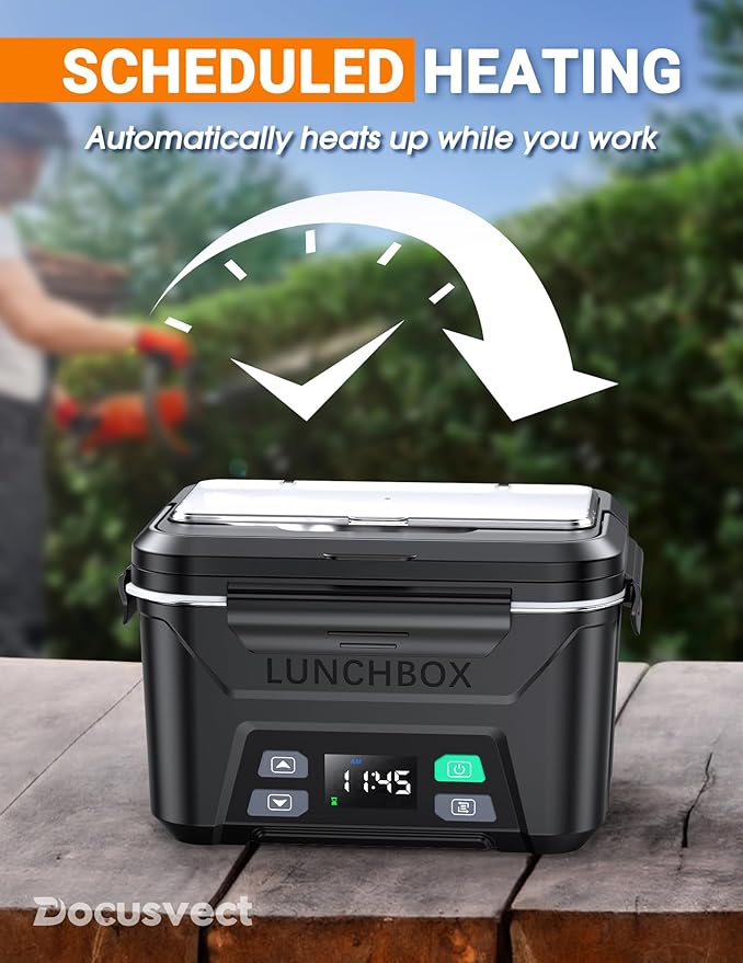 Docusvect Rechargeable Heated Lunch Box for Men, 1.3L Cordless Electric Lunch Box for Adults with Smart Scheduled Heating, Portable Food Warmer with Complete Accessories