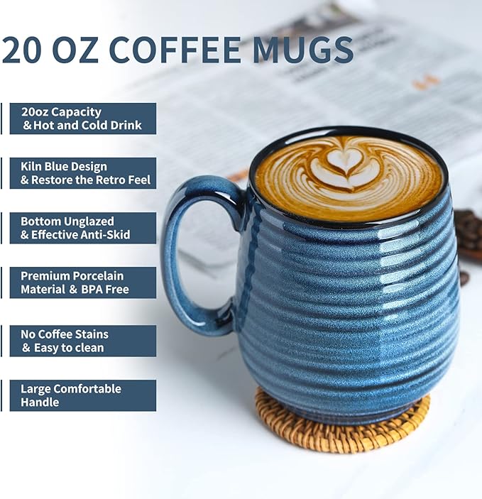 Hasense Large Coffee Mugs Set of 2, Ceramic 20 oz Coffee Cups for Office and Home, Modern Coffee Mug with Big Handle for Latte Coffee Tea Soup as Gifts, Dishwasher & Microwave Safe, Blue and Purple