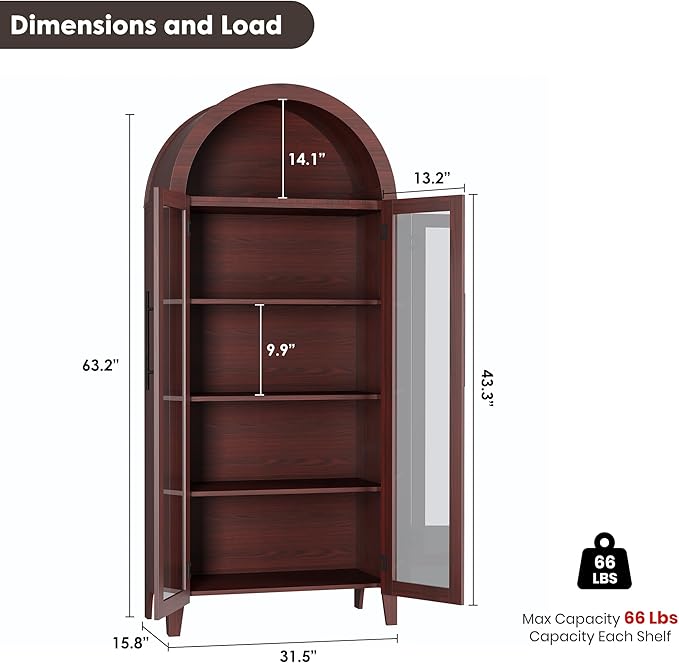 GarveeHome Arched Kitchen Pantry Cabinet - Farmhouse 5 Tier Display Shelf with Adjustable Shelf and 2 Large Glass Doors, Versatile Storage Cupboard for Kitchen, Dining Room, Living Room, Walnut