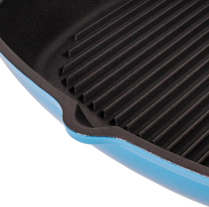 BergHOFF Neo 3Pc Enameled Cast Iron Cookware Set, Fry Pan 10 inches, Grill Pan 11 inches, Slotted Steak Press, Fast, Evenly Heat, Oven safe (Blue)
